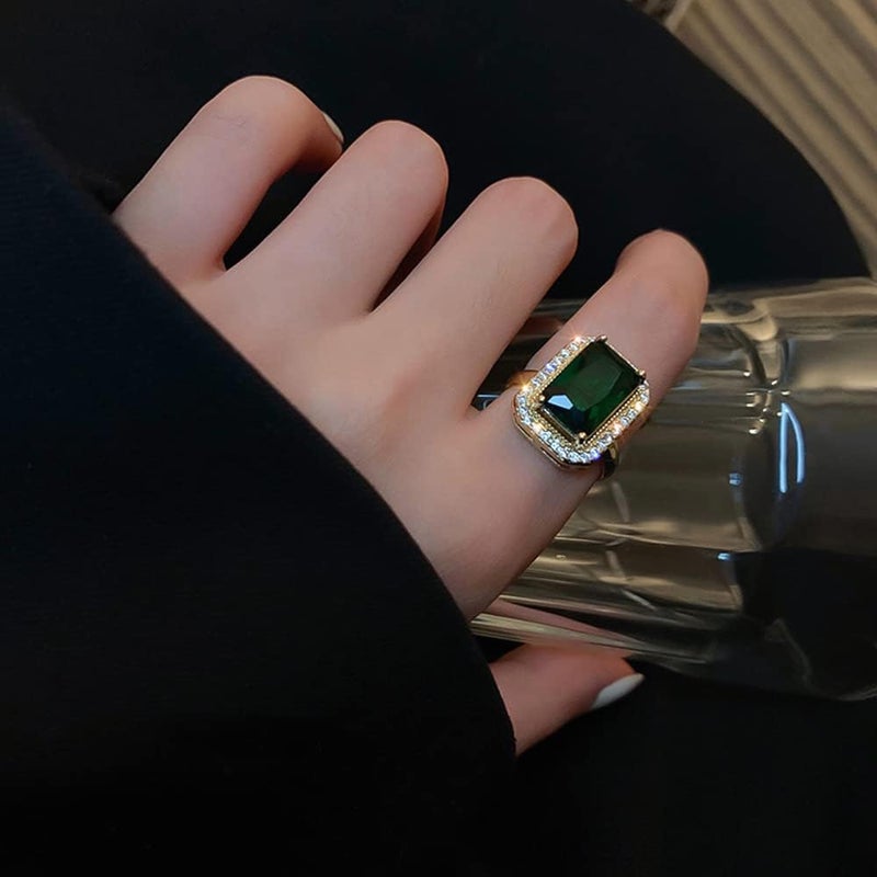 OIDIMS Green Gemstone Statement Ring Women's Classical Engagement Crystal Wedding Party Open Rings Cubic Zirconia Adjustable Finger Gold-Tone Plated for Women Mom Valentine's Day Anniversary Jewelry Gift - Image 1